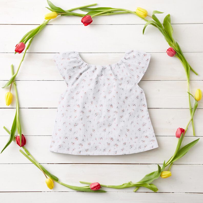 Musliini-/kaksikerroksinen kangas Romanttiset kukkaset – valkoinen,  image number 6