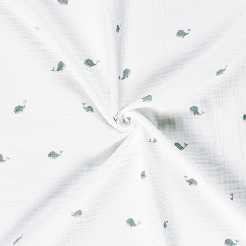 Musliini-/kaksikerroksinen kangas Pienet valaat – norsunluu/siniharmaa,  image number 3