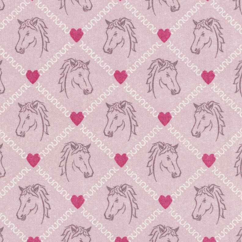 Puuvillakangas Kretonki Hevoset ja sydämet Vaaleanpunainen – roosa,  image number 1