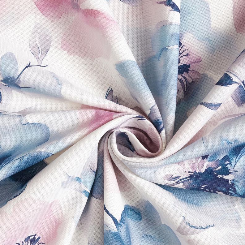 Sisustuskangas Puolipanama Suuret akvarellikukat &ndash; valkoinen/pastellivioletti,  image number 3