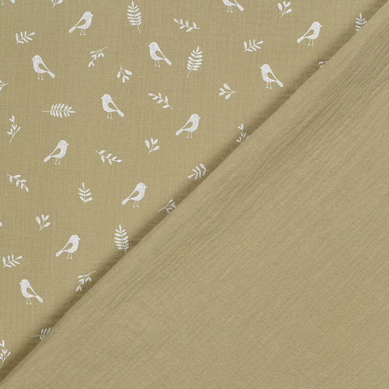 Musliini-/kaksikerroksinen kangas Oksat ja lintuset – vaalea khaki/valkoinen,  image number 4