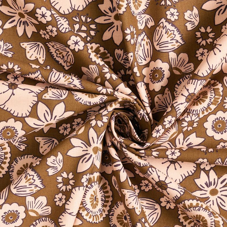 Puuvillakangas Kretonki Retrokukat &ndash; oliivi/ruusunpunainen,  image number 3