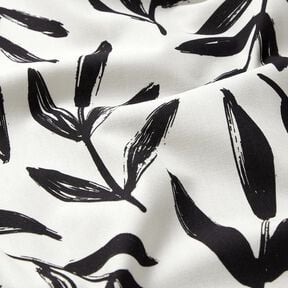 Sisustuskangas Puolipanama Minimalistiset lehdet &ndash; musta/norsunluu, 