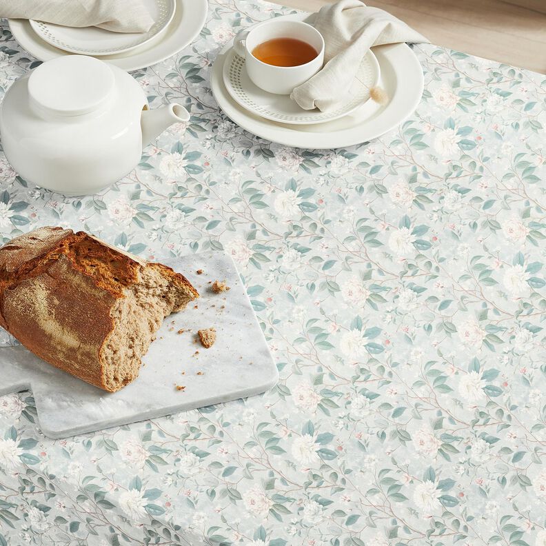 Puuvillakangas Popliini Hienot kukkaoksat &ndash; hopeansininen,  image number 7