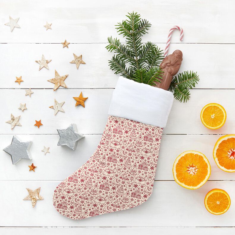 Puuvillakangas Kretonki graafiset jouluaiheiset kuviot – luonnonvärinen/karmiininpunainen,  image number 5