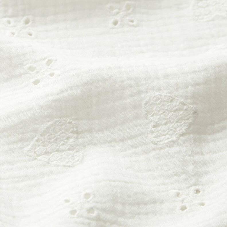Musliini-/kaksikerroksinen kangas Reikäkirjonta Sydämet – villanvalkoinen,  image number 2