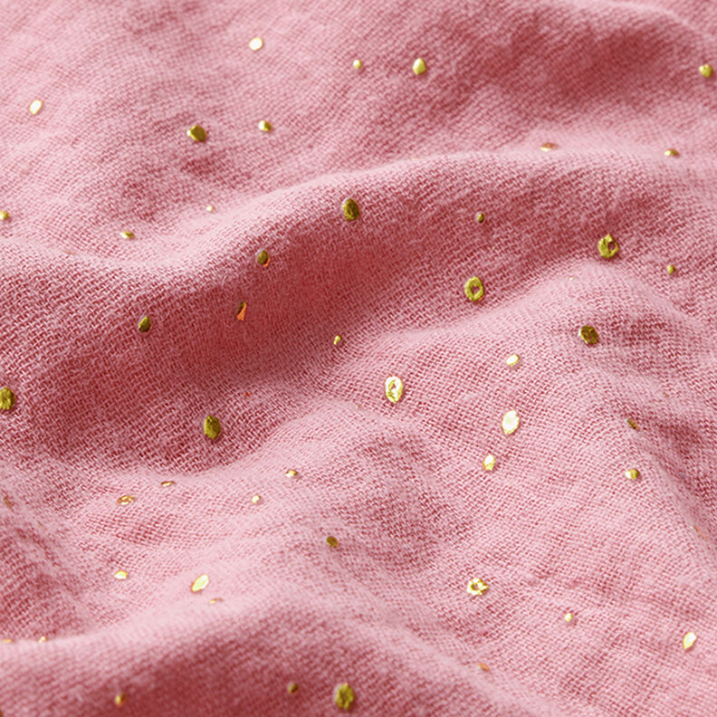 Puuvillamusliini sirotellut kultapilkut – roosa/kulta,  image number 2