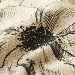 Sisustuskangas Puolipanama Piirretyt kukat – anemone/musta, 