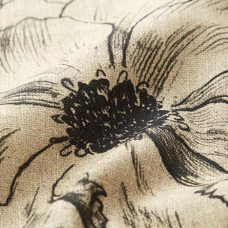 Sisustuskangas Puolipanama Piirretyt kukat – anemone/musta,  image number 2