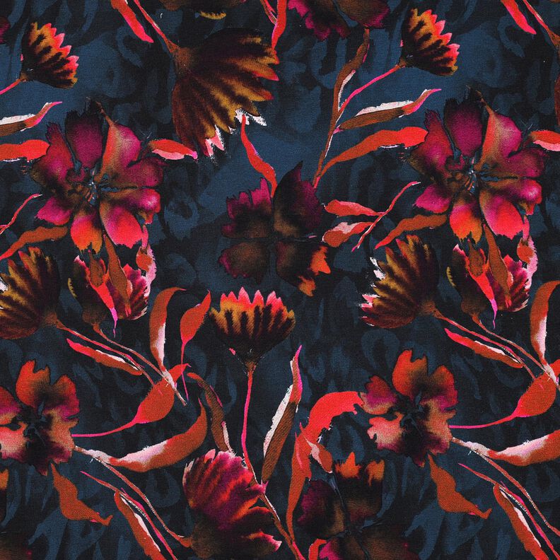 Puuvillajersey Ilmeikk&auml;&auml;t kukat Digitaalipainatus &ndash; y&ouml;nsininen/ryp&auml;le,  image number 1