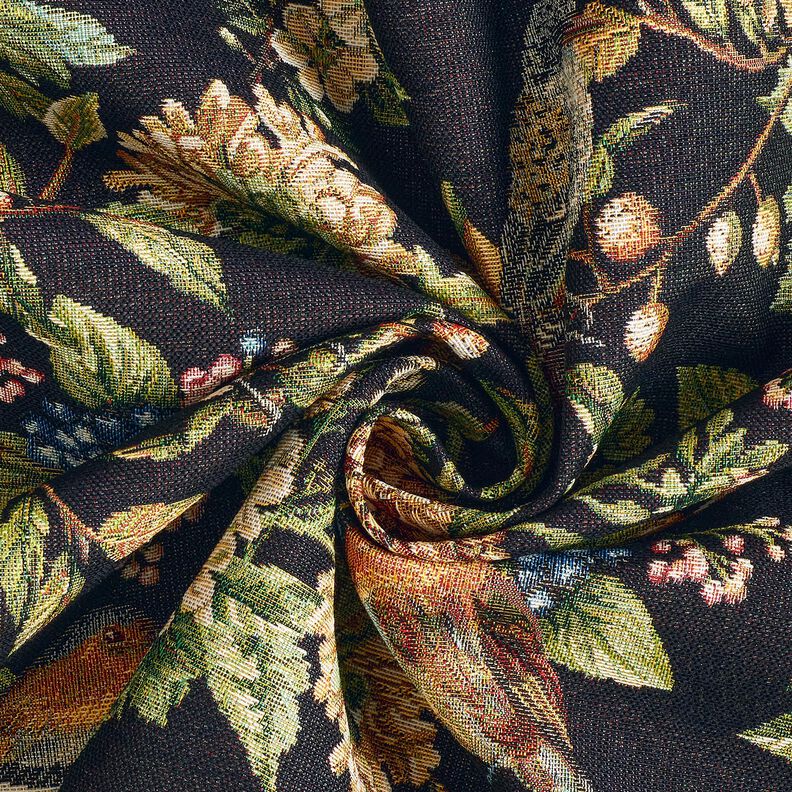 Sisustuskangas Gobeliini Kukkaset ja linnut – musta/vihreä,  image number 3