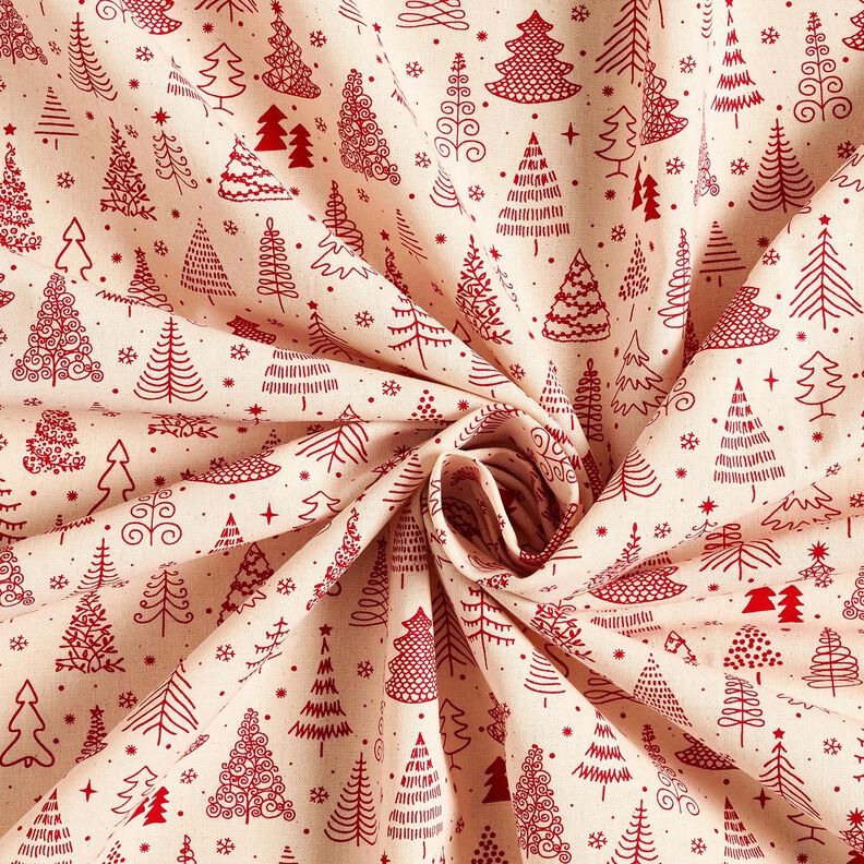 Puuvillakangas Kretonki s&ouml;p&ouml;t kuuset &ndash; luonnonv&auml;rinen/karmiininpunainen,  image number 3