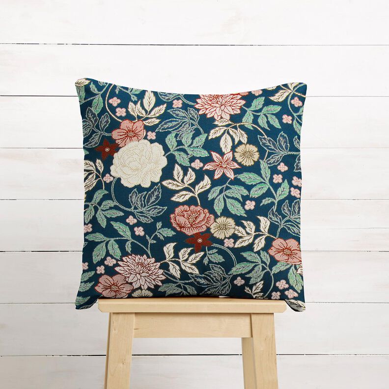 Sisustuskangas Jacquard Vintage-kukat – petrooli/tummanpunainen,  image number 6