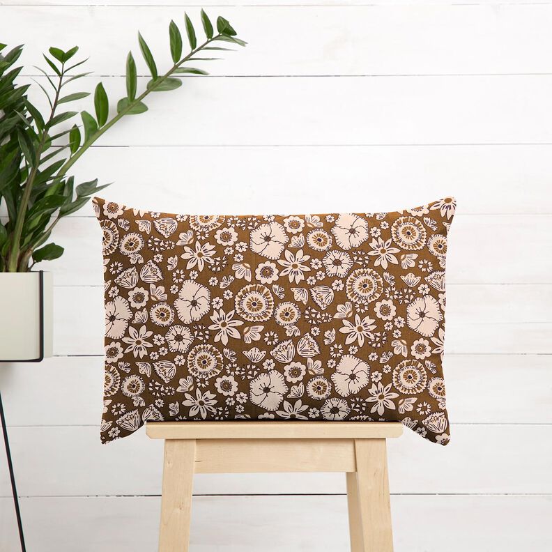 Puuvillakangas Kretonki Retrokukat &ndash; oliivi/ruusunpunainen,  image number 6