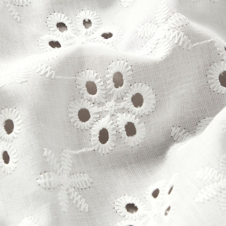 Puuvillakangas Reikäkirjonta Kukat – valkoinen,  image number 2