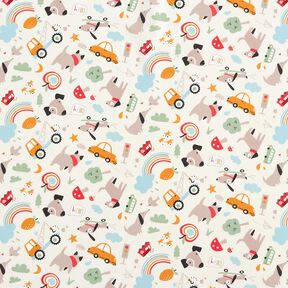 Puuvillapopliini Koirat liikkeellä– villanvalkoinen, 