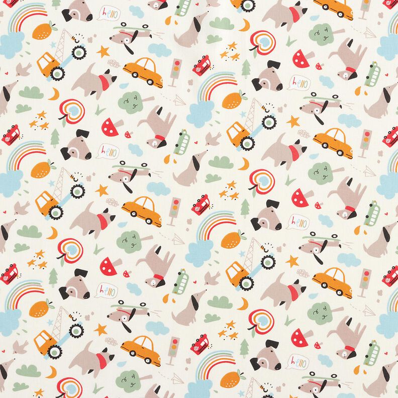 Puuvillapopliini Koirat liikkeellä– villanvalkoinen,  image number 1