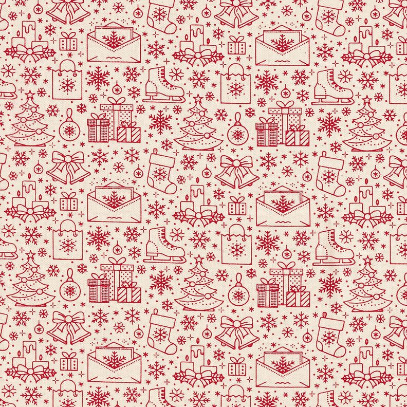 Puuvillakangas Kretonki graafiset jouluaiheiset kuviot – luonnonvärinen/karmiininpunainen,  image number 1