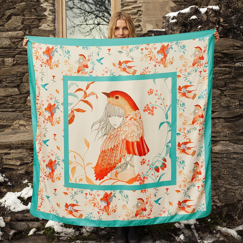 Satiinipaneeli Linnut ja keijut | Katia Fabrics – vedensininen/kerma,  image number 5