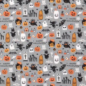 Puuvillakangas Popliini Happy Halloween – norsunharmaa/vaaleanoranssi, 
