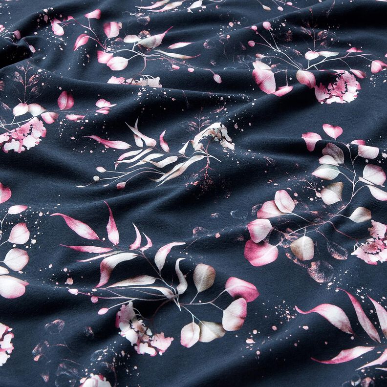 Puuvillajersey Eukalyptus ja hortensiat | Glitzerp&uuml;ppi &ndash; y&ouml;nsininen/roosa,  image number 2