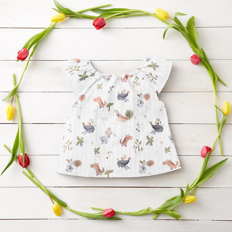 Puuvillapopliini Dinosaurukset ja raidat Digitaalipainatus &ndash; valkoinen/kaisla,  image number 6