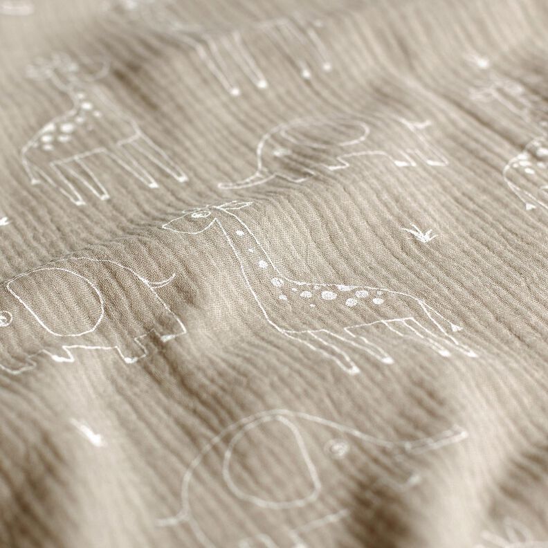 Musliini-/kaksikerroksinen kangas Suuret kirahvit ja norsut – silkinharmaa,  image number 2
