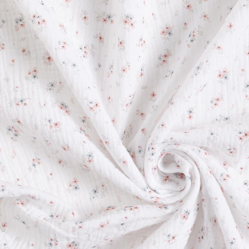 Musliini-/kaksikerroksinen kangas Romanttiset kukkaset – valkoinen,  image number 3