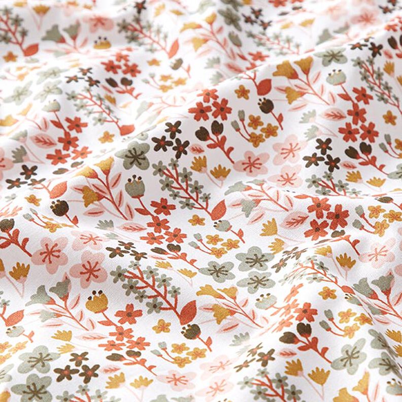 Puuvillakangas Kretonki filigraanit kukat – oranssi/valkoinen,  image number 2