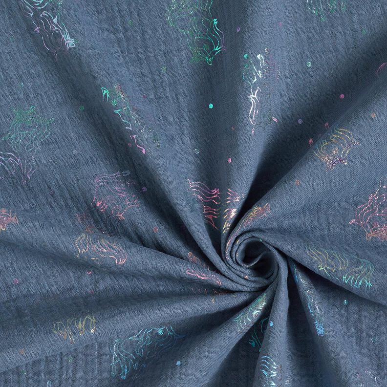 Musliini-/kaksikerroksinen kangas Yksisarviset Foliopainatus – siniharmaa,  image number 4