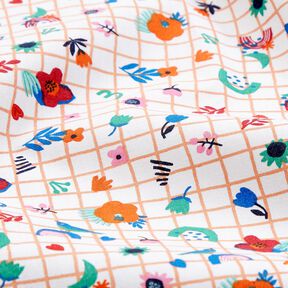 Puuvillakangas Kretonki Ruutu ja kukkaset &ndash; valkoinen/piparminttu, 