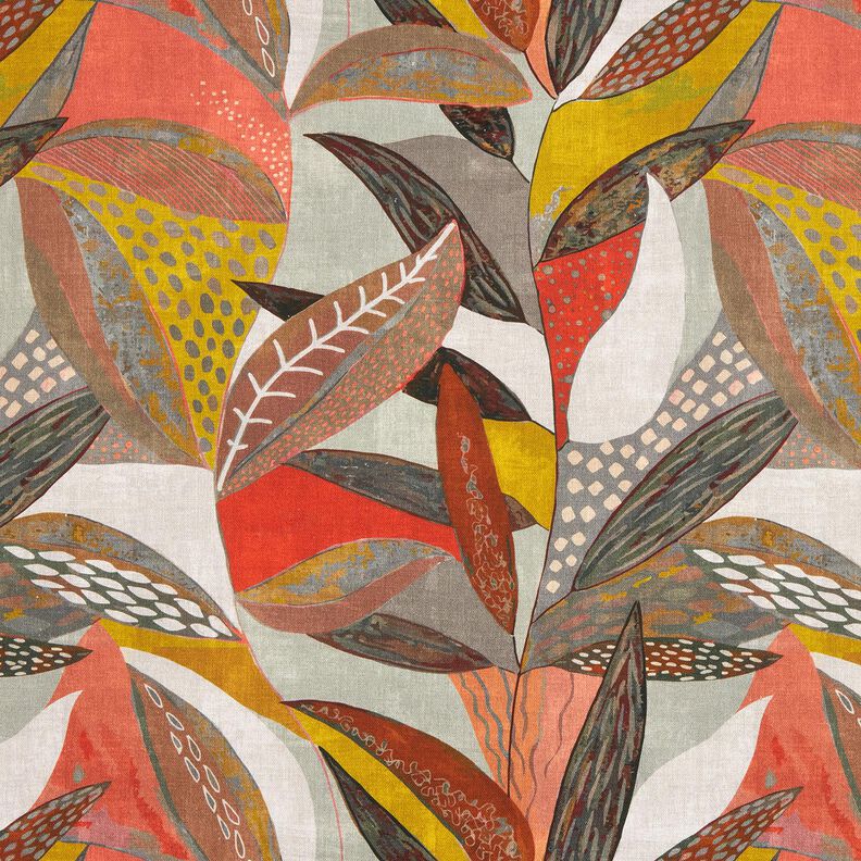 Sisustuskangas Puolipanama Trooppiset lehdet – sinappi/terrakotta,  image number 1