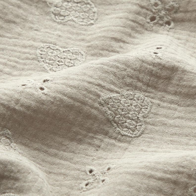 Musliini-/kaksikerroksinen kangas Reikäkirjonta Sydämet – silkinharmaa,  image number 2