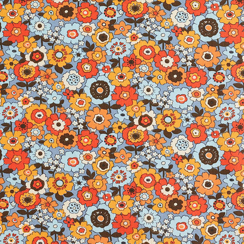 Puuvillakangas Kretonki Värikkäät kukat – vaalea farkunsininen/oranssi,  image number 1