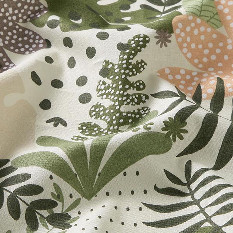 Puuvillakangas Kretonki Abstraktit viidakon kasvit – valkoinen/vihreä,  image number 2