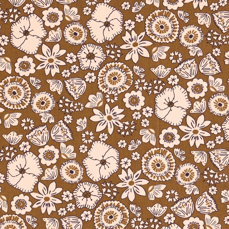 Puuvillakangas Kretonki Retrokukat &ndash; oliivi/ruusunpunainen,  image number 1