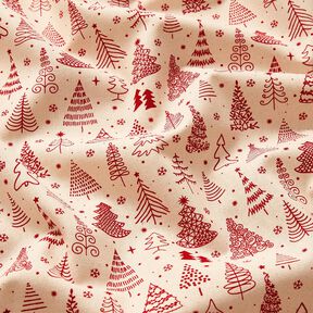 Puuvillakangas Kretonki söpöt kuuset – luonnonvärinen/karmiininpunainen, 