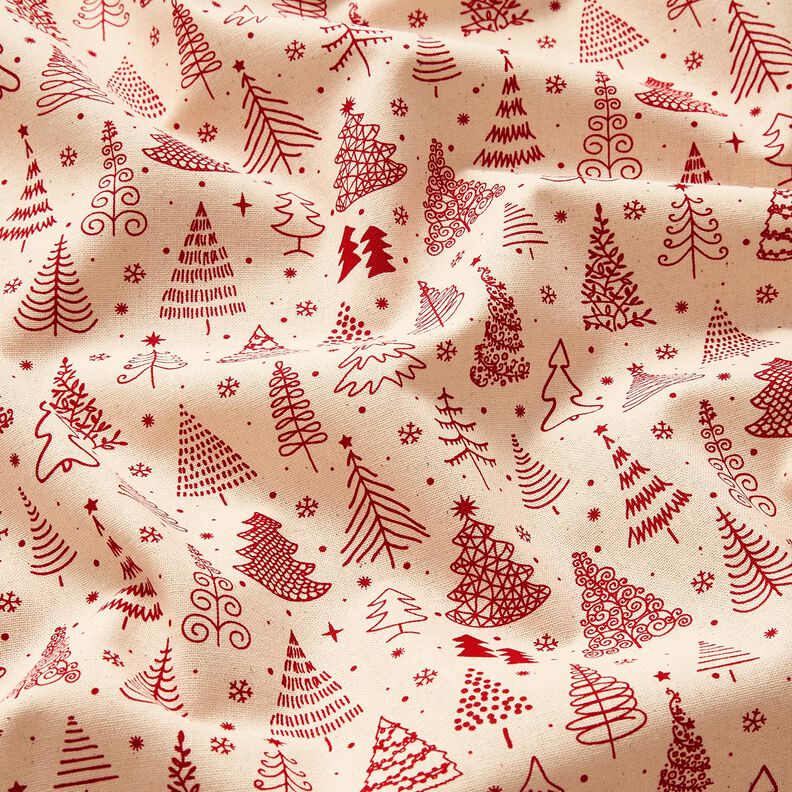 Puuvillakangas Kretonki s&ouml;p&ouml;t kuuset &ndash; luonnonv&auml;rinen/karmiininpunainen,  image number 2