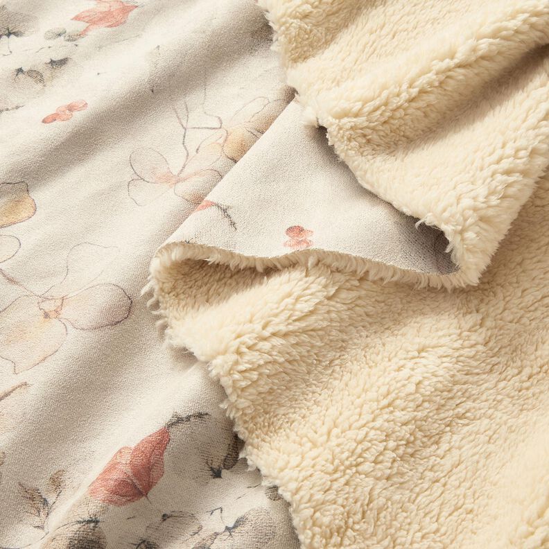 Joustava veluuri, jonka kääntöpuoli sherpa-kangasta Herkät kukat | Katia Fabrics – luonnonvärinen,  image number 2