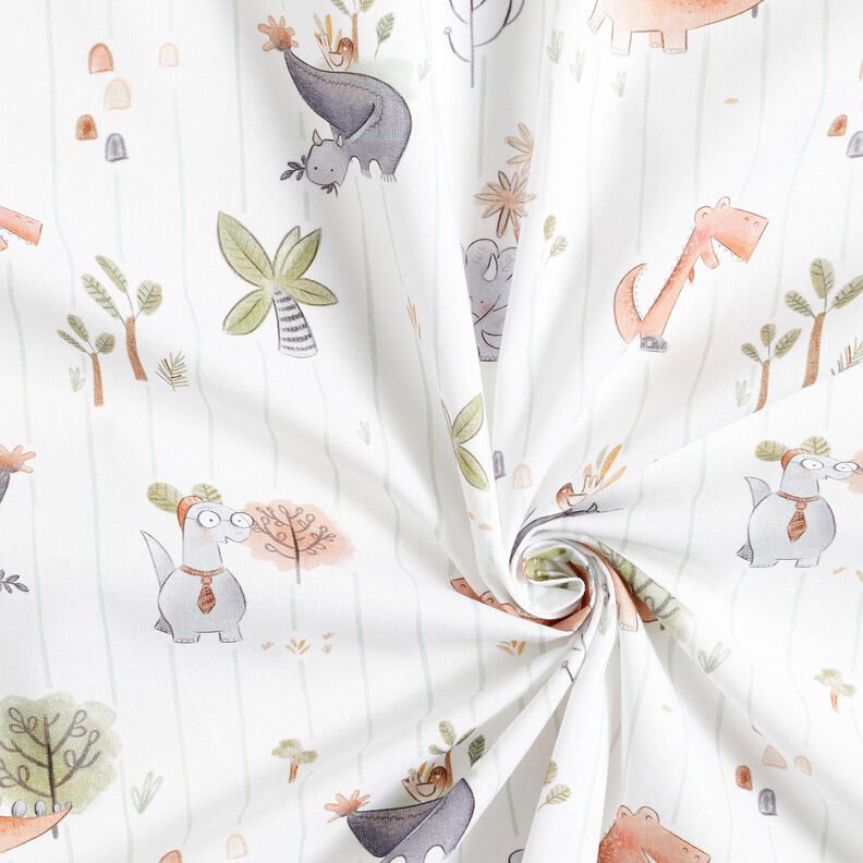 Puuvillapopliini Dinosaurukset ja raidat Digitaalipainatus &ndash; valkoinen/kaisla,  image number 3