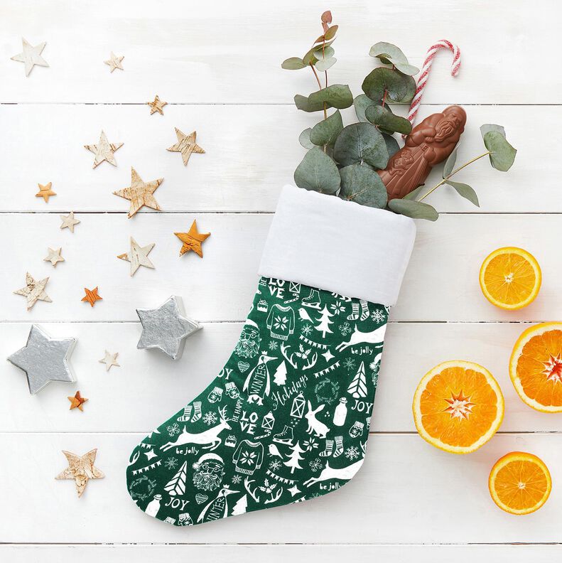 Puuvillakangas Kretonki Hyvää joulua – sinikuusi/valkoinen,  image number 5