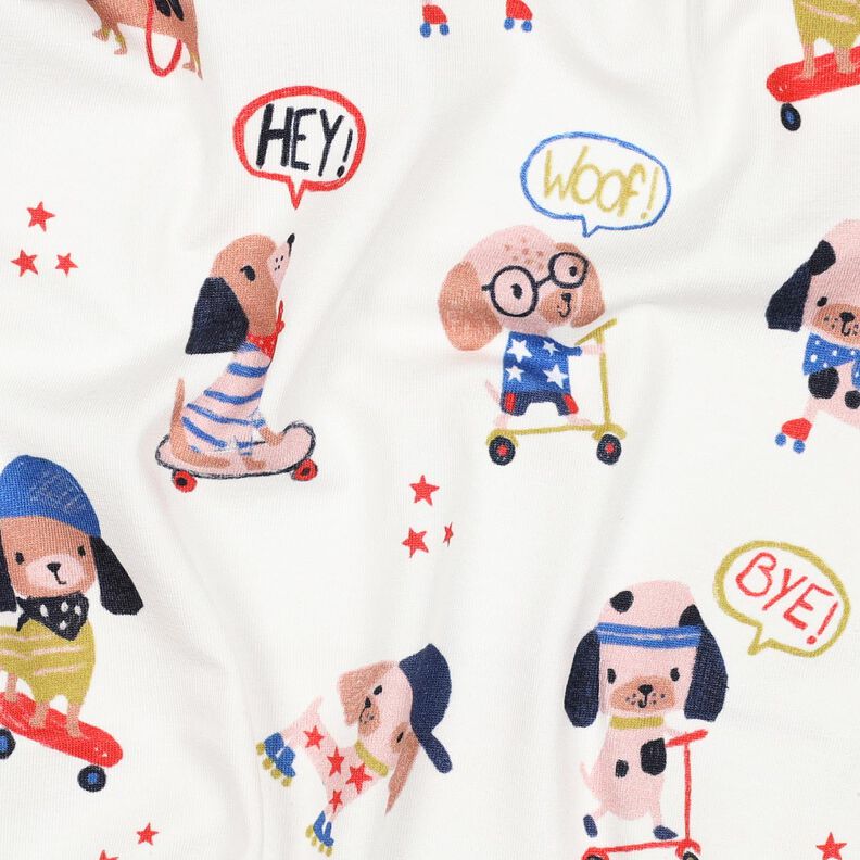 Puuvillajersey Skeittaava koira Digitaalipainatus | Poppy Fabrics &ndash; norsunluu/ruusukulta,  image number 2