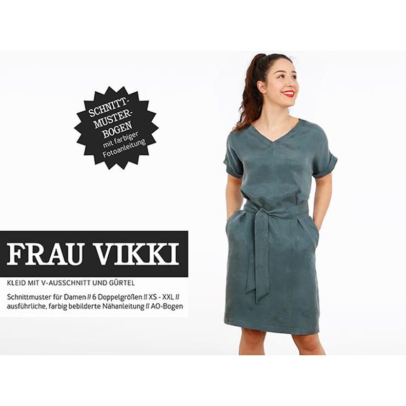 FRAU VIKKI – väljä mekko, V-pääntie ja vyö, Studio Schnittreif  | XS -  XXL,  image number 1