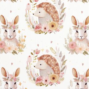 Puuvillapopliini Jänis ja siili kukkakehässä Digitaalipainatus – norsunluu, 