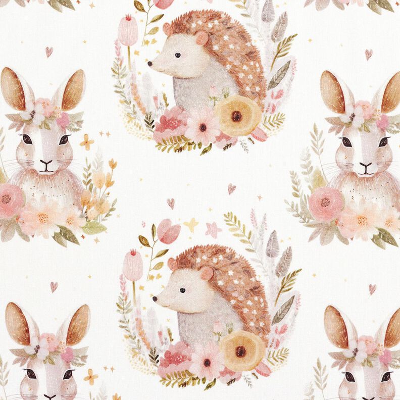 Puuvillapopliini Jänis ja siili kukkakehässä Digitaalipainatus – norsunluu,  image number 1