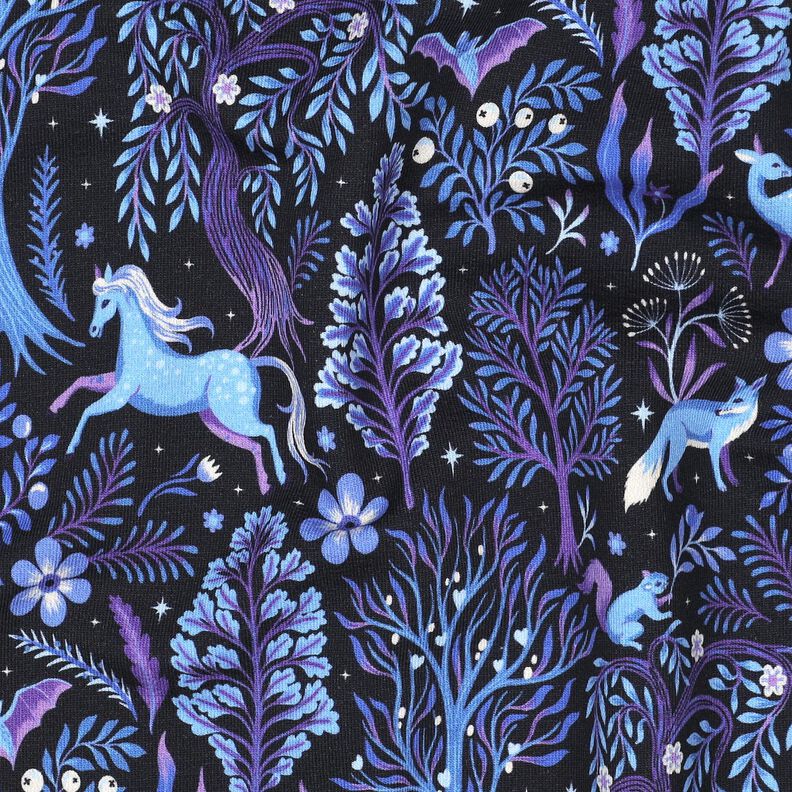 French Terry Kesäcollege Satumetsä Digitaalipainatus | Poppy Fabrics – sinimusta/punalila,  image number 2