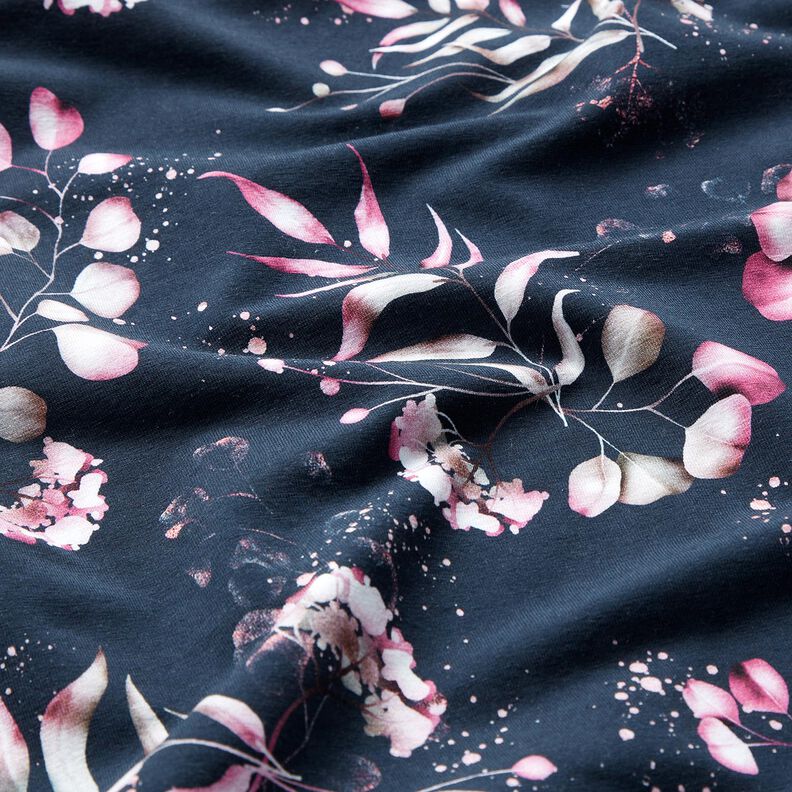 Puuvillajersey Eukalyptus ja hortensiat | Glitzerp&uuml;ppi &ndash; y&ouml;nsininen/roosa,  image number 6