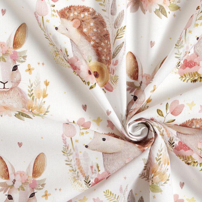 Puuvillapopliini Jänis ja siili kukkakehässä Digitaalipainatus – norsunluu,  image number 3