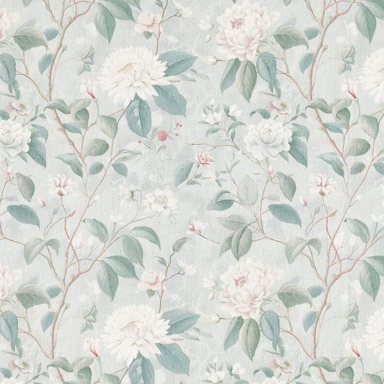 Puuvillakangas Popliini Hienot kukkaoksat &ndash; hopeansininen,  image number 1