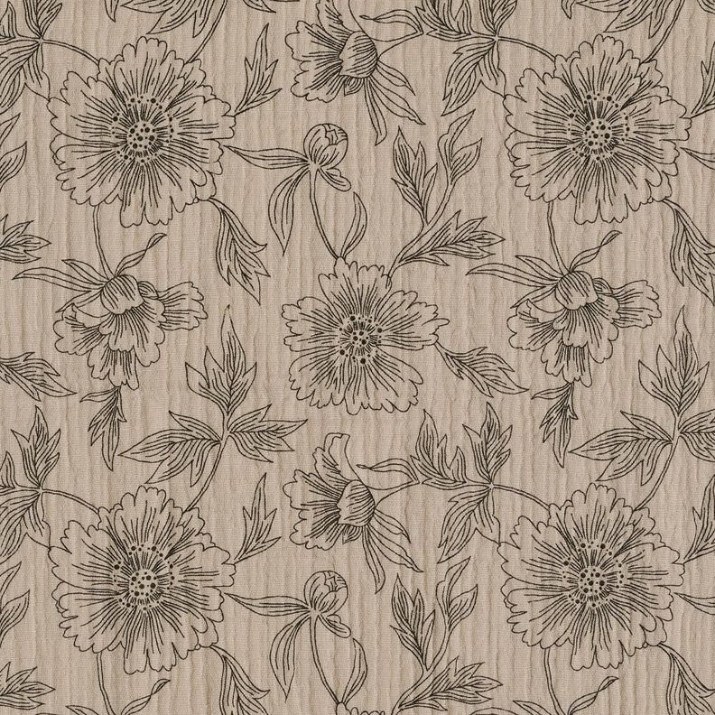 Musliini-/kaksikerroksinen kangas Suuret kukat – vaalea ruskeanharmaa/musta,  image number 1